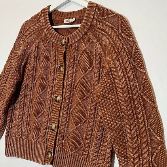 Faherty Sunwashed Cable Knit Cardigan Sweater Medium Women Brown Cotton Organic - Picture 9 of 12